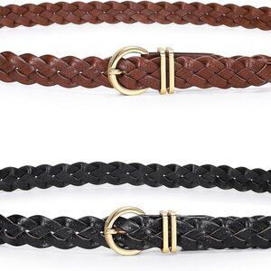 Women's Leather Belts 2 Pack Thin Woven Adjustable Casual Dress Jeans